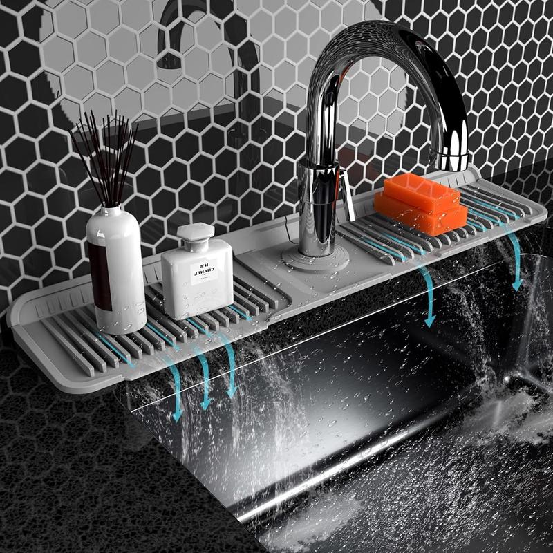 Kitchen Sink Faucet Mat, Silicone Folding Splash Guard, Draining Mat with Button Lock, Sink Faucet Protector, Sink Accessories for Kitchen